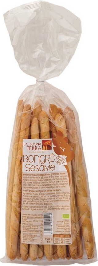 Bündel Bio Sesam-Grissini von LA BUONA TERRA in 150 g-Packung, knusprig und mit Sesam bestreut, auf weißem Hintergrund