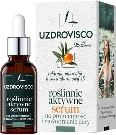 Gesichtsserum von UZDROVISCO mit Sanddorn für strahlenden, feuchten Teint in 30-ml-Ampulle, sichtbare Textur und Flasche
