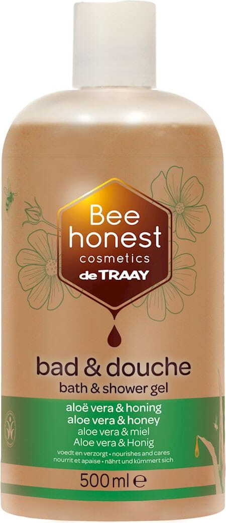 Dusch- und Badegel mit Aloe Vera und Honig von BEE HONEST, 500 ml, flüssiges Gel in transparenter Flasche mit grünem Verschluss