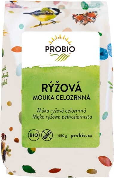 Bio glutenfreies Vollkorn-Reismehl von PROBIO, 450 g, feines braunes Mehl in einer Verpackung.