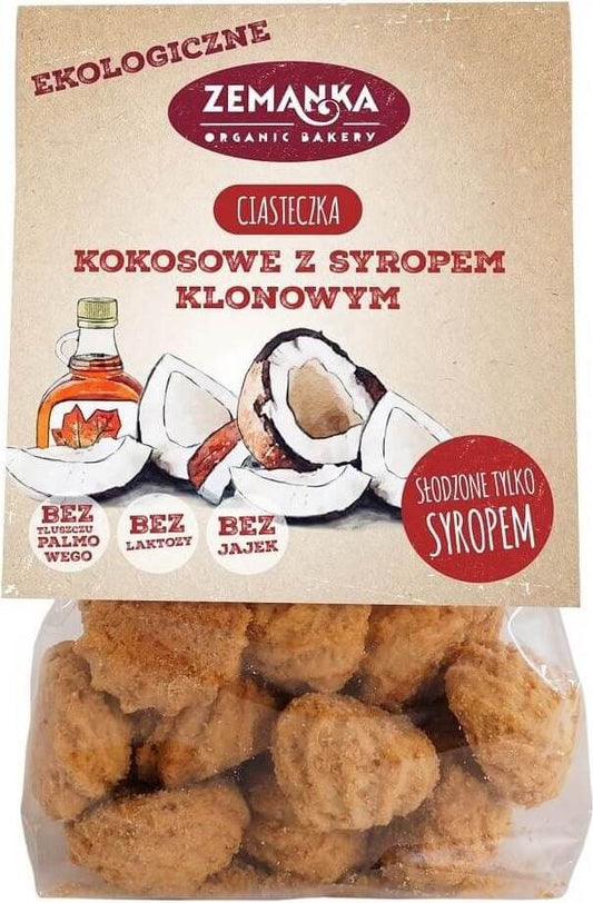 Bio Kokosplätzchen mit Ahornsirup von ZEMANKA, 100 g, knusprige Kekse mit Kokos und Ahornsirup auf einem Teller.