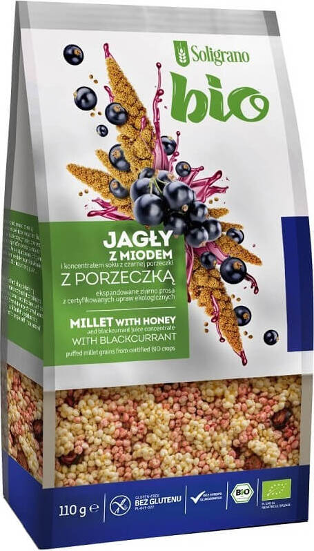 Hirse mit Honig und schwarzen Johannisbeeren, glutenfrei, BIO, 110 g, in einer Schüssel auf einem Holz Tisch, von SOLIGRANO