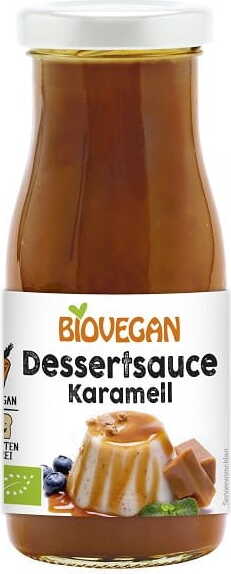 Glutenfreier Bio-Karamellüberzug von BIO VEGAN in 150 ml Flasche, cremige, vegane Karamellsoße auf Bild sichtbar.