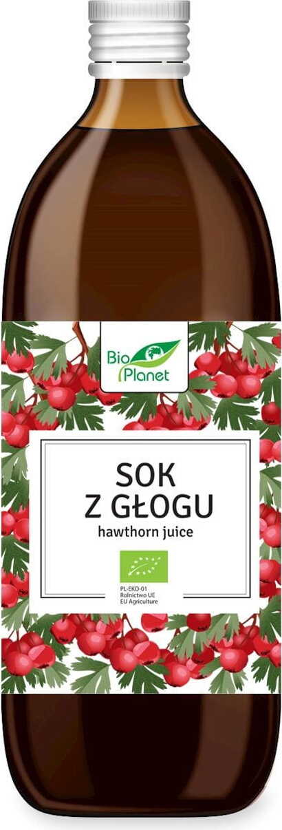 Bio Weißdornsaft in 500 ml Flasche von BIO PLANET, naturbelassen und frisch, zeigt die Flasche mit weißem Etikett und Inhalt.