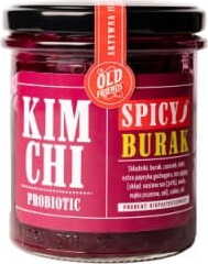 Würzige rote Beete Kimchi von biogo, 300 g, in Glasgefäß, mit roten Beeten und koreanischen Gewürzen sichtbar.
