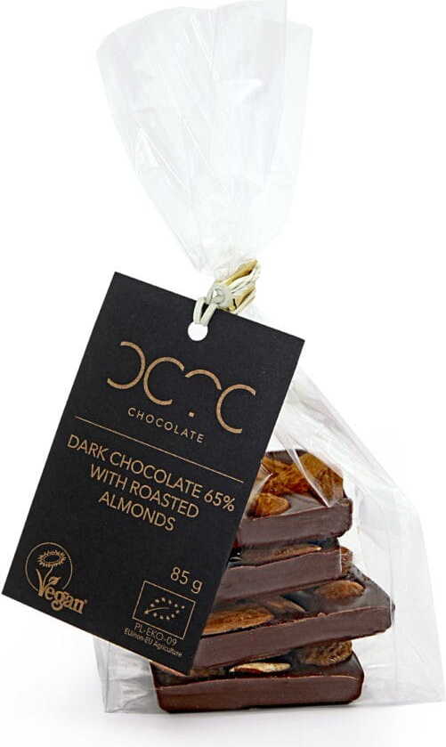Dunkle Bio-Schokolade mit 65% Kakao und gerösteten Mandeln, 85 g, von COCOA, sichtbar in der Verpackung.