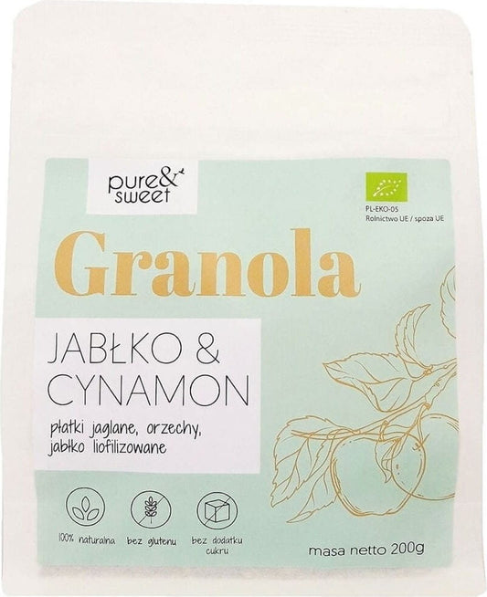 Bio glutenfreie Granola mit Apfel und Zimt von PURE&SWEET, 200 g, knusprig und aromatisch in einer Packung.