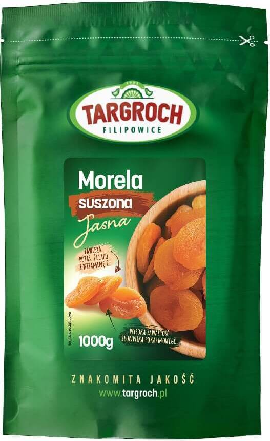 Getrocknete helle Aprikosen von TARGROCH, 1000g, frisch und saftig, liegen in einer transparenten Verpackung.