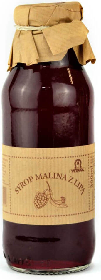 Himbeer- und Lindensirup von VITAPOL in einer 300 ml Flasche, Nahaufnahme des Flaschenetiketts.