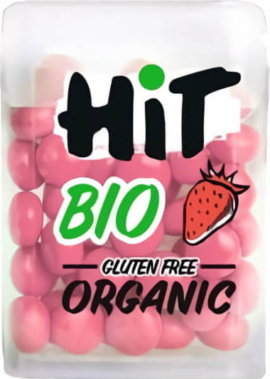 Bunte glutenfreie Bio-Erdbeergeschmack Dragees in 15 g Packung, NATU HIT, auf weißem Hintergrund.