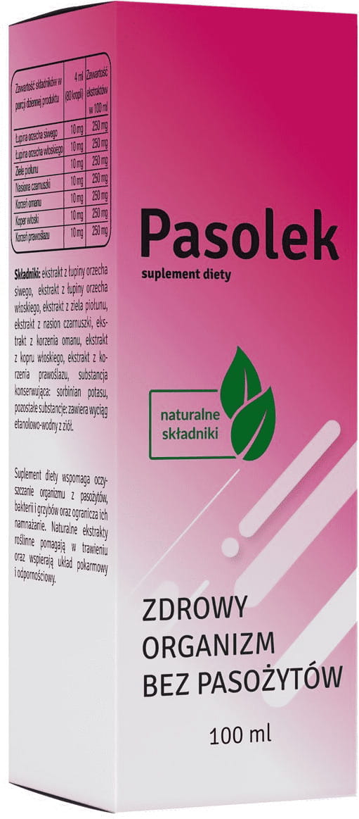 Nahrungsergänzungsmittel Reinigung von PASOLEK in 100 ml Flasche, zeigt die Produktverpackung und Dosierung.