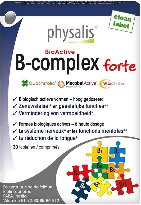 Vitamin B-Komplex FORTE von PHYSALIS, 30 Tabletten, Nahaufnahme der Verpackung und Tabletten.
