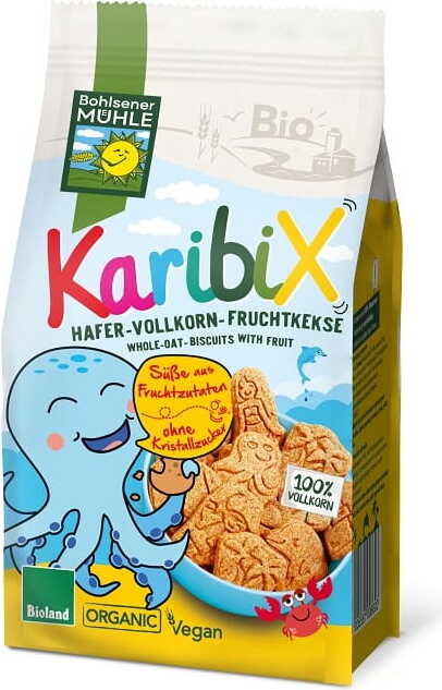 Bio Haferkekse mit Früchten für Kinder von Bohlsener Mühle, 125 g, mit bunten Fruchtstücken auf einem kindgerechten Teller.