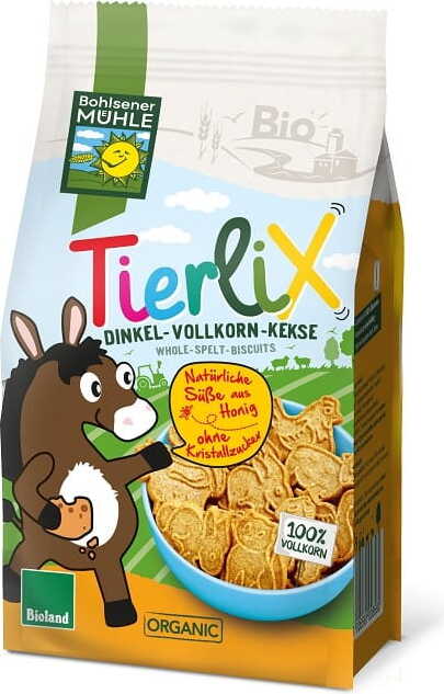 Dinkelplätzchen für Kindertiere, Bio, 125 g, von BOHLSENER MÜHLE, mit getreidehaltigem Teig und Tiermotiven auf dem Gebäck