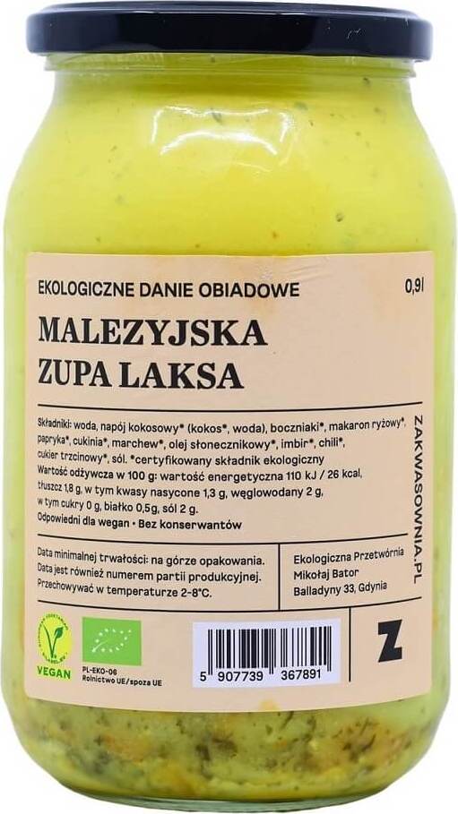 Malsische Laksa-Suppe BIO in 900 ml Verpackung, Zakwazownia, cremige Suppe mit Gewürzen und frischen Zutaten.