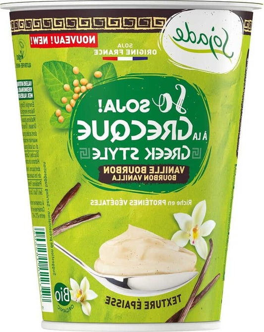 Glutenfreies, bio griechisches Vanille-Sojaprodukt von SOJADE in 400 g Packung, cremige Textur, Vanilleduft.