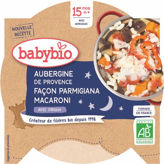 Bio Auberginen-Parmigiana mit Nudeln für Babys ab 15 Monaten, 260 g, von BABYBIO, zeigt das fertige Gericht in einer Schale