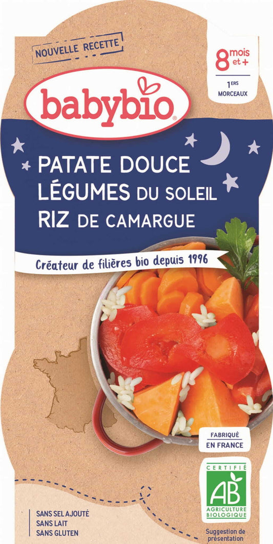 BABYBIO Gute-Nacht-Gericht mit Süßkartoffeln, Reis und Gemüse für Babys ab 8 Monaten, glutenfrei, 2x200 g.