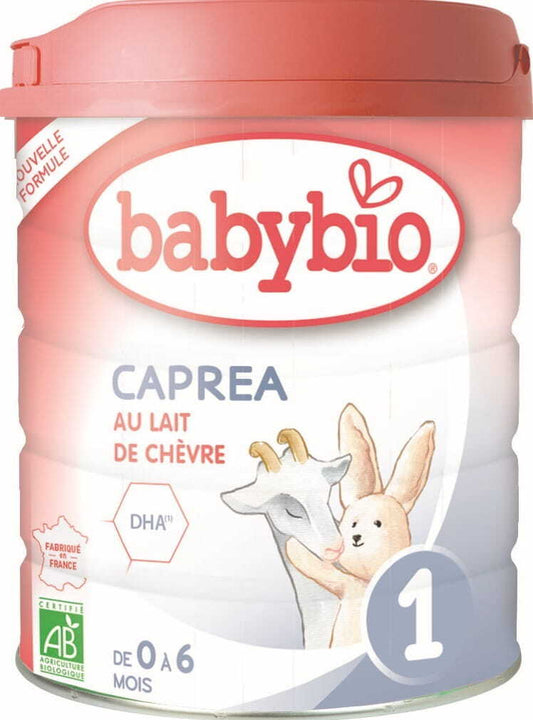 Bio Ziegenmilch für Säuglinge von 0 bis 6 Monaten, 800 g, von BABYBIO, in einer geöffneten Packung.