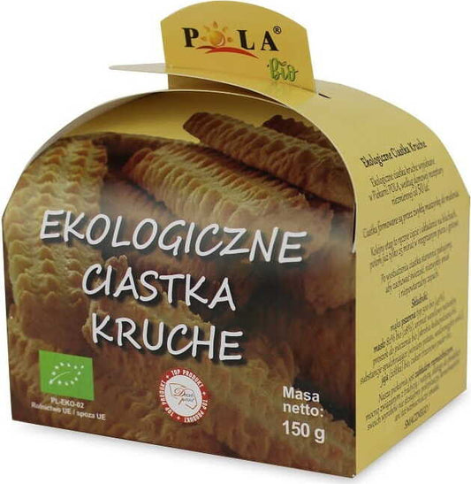 BIO-Mürbeteigplätzchen von PIEKARNIA POLA, 150 g, frisch gebackene Kekse auf einem Holztablett, goldbraun und knusprig.