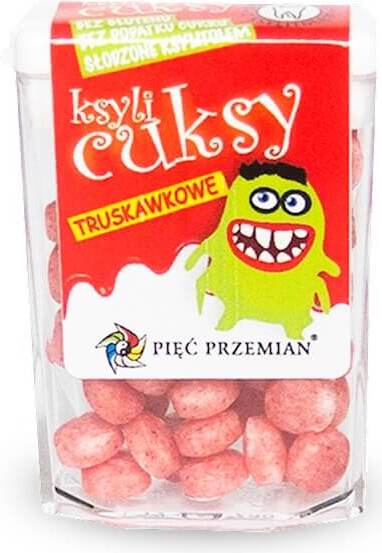 Glutenfreie Xylit-Bonbons mit Erdbeergeschmack von PIĘĆ PRZEMIAN, 12 x 13 g, detailreiche Nahaufnahme der Bonbons in Packung