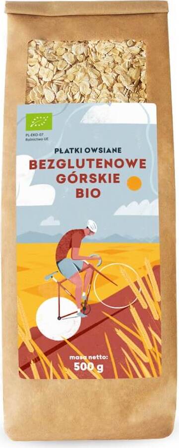 Glutenfreie Berghaferflocken BIO von PIĘĆ PRZEMIAN, 500 g, Nahaufnahme der getrockneten Haferflocken in einer Packung