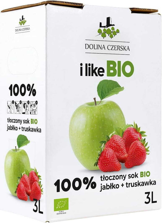 Bio Apfel- und Erdbeersaft NFC von Dolina Czerska in 3-Liter-Flasche, frisch und naturbelassen, mit fruchtigem Geschmack.