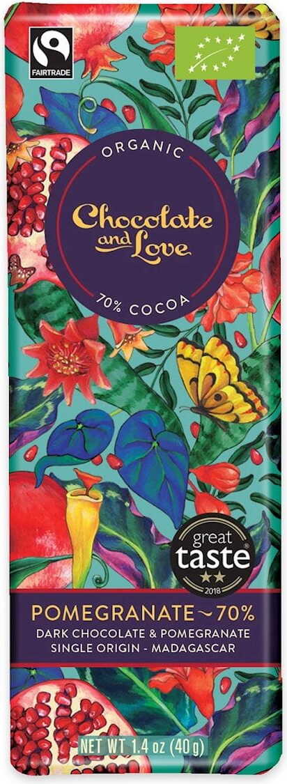 Dunkle Schweizer Tafel Schokolade mit Granatapfel von Chocolate and Love, fair gehandelt, Bio, 40 g, auf weißem Hintergrund.