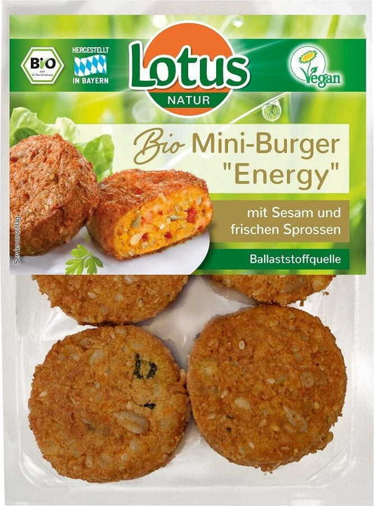 Mini-Gemüseburger mit Tofu BIO von LOTUS, 250 g, frischer veganer Burger mit buntem Gemüse und Tofu auf einem Teller.