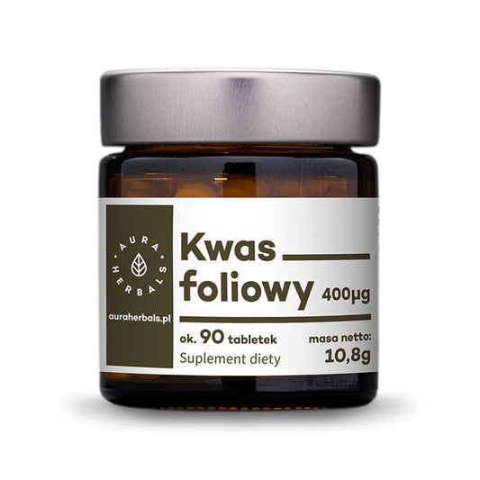 Folsäure 400μg Tabletten von AURA HERBALS, 90 Stück, auf weißem Hintergrund, nahe aufgenommen, sichtbar verpackt.