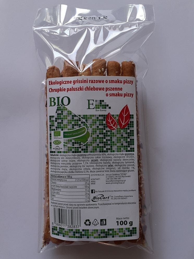 Vollkorn-Grissini mit Pizzageschmack von PALUSZKI BIO, ENVOY, 100 g, knusprige Brotfinger mit italienischem Pizzarand.
