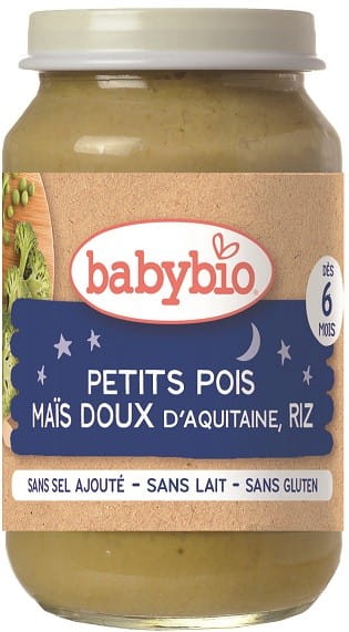 Gute-Nacht-Gericht von BABYBIO, glutenfreier Reis mit Erbsen und Mais für Babys ab 6 Monaten, 200 g, biologisch.