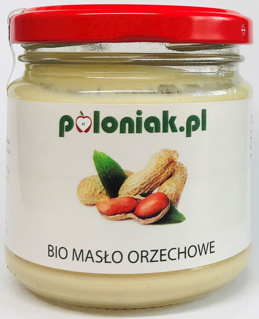 Bio Erdnusscreme von POLONIAK in 160 g Glas, geröstete, cremige Erdnussbutter, natürliche und nachhaltige Zutaten.