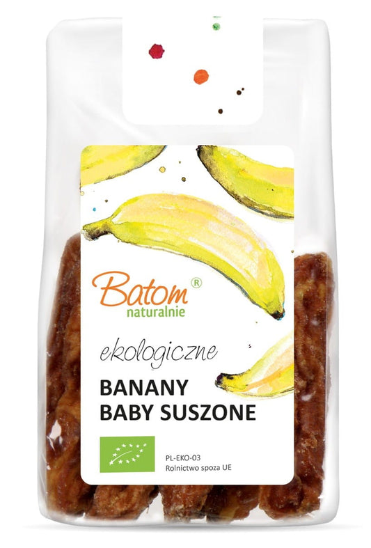 Getrocknete Bio-Babybananen von BATOM, 100 g, Nahaufnahme der getrockneten Bananenstücke in einer transparenten Verpackung