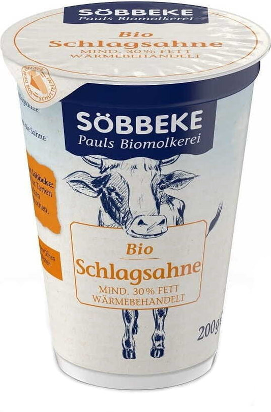 Bio-Sahne mit 30% Fettgehalt, SOBBEKE, in 200 g Packung, cremige Milchcreme, sichtbar in der Verpackung