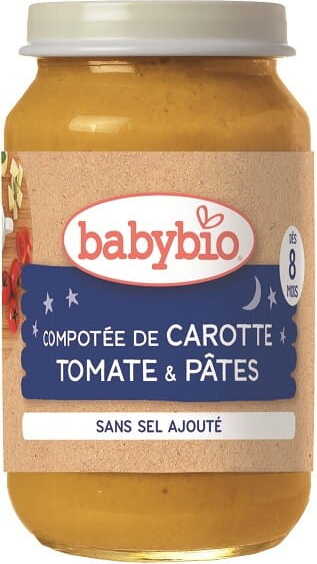 Bio Gute-Nacht-Nudeln mit Karotten und Tomaten für Babys ab 8. Monat, 200 g, von BABYBIO, sichtbar auf der Verpackung