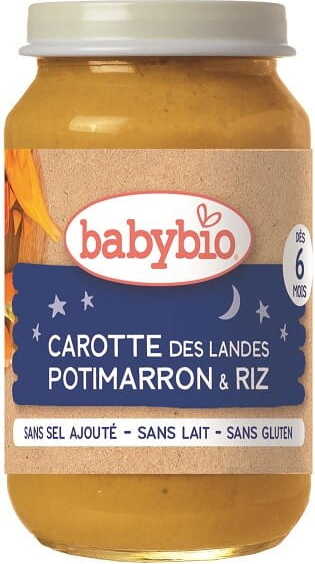 Gute-Nacht-Mahlzeit Babybio: Reis mit Karotten und Butternusskürbis, glutenfrei, bio, für Babys ab 6 Monaten, 200 g