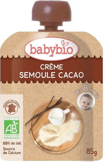 Milchdessert mit Kakaogrieß für Babys ab 8 Monaten, BIO, 85 g, in einer Schüssel.