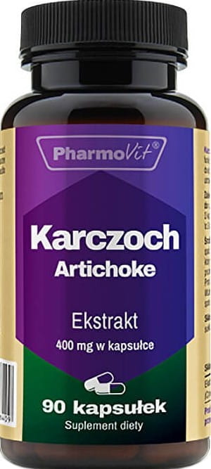 Artischockenextrakt 400 mg in 90 Kapseln von PHARMOVIT, Nahaufnahme der Kapseln und Verpackung.