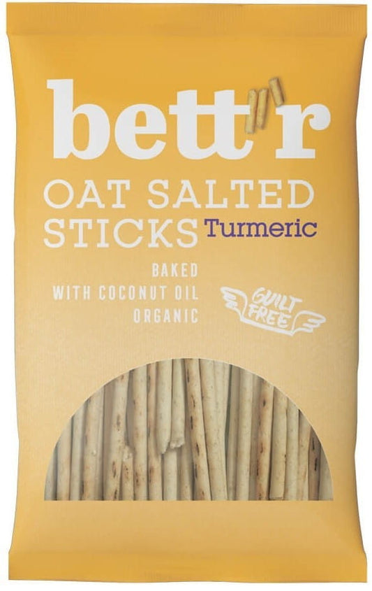 Gesalzene Hafersticks mit Kurkuma BIO von BETTR, 50 g, knusprige Snacks in einer Verpackung.