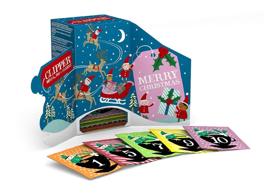 Adventskalender mit 24 Bio-Tee-Tütchen von CLIPPER, abwechslungsreiche Teesorten, 48 g insgesamt, für die Weihnachtszeit.