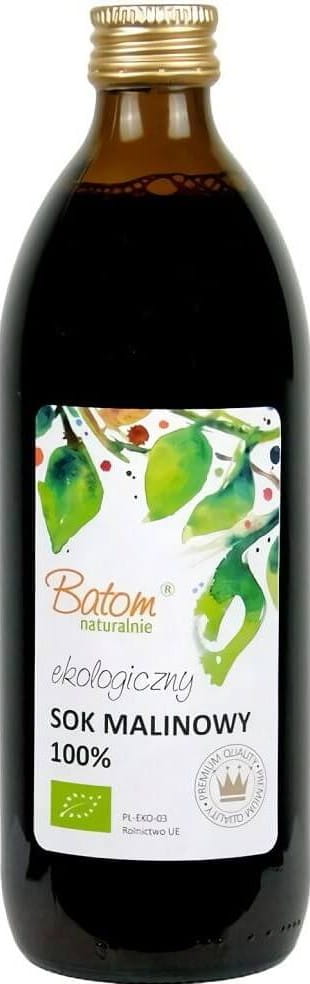 Bio Himbeersaft in 500 ml Flasche von BATOM, zeigt frische, reife Himbeeren und die Flasche auf weißem Hintergrund.