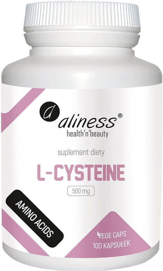 L-Cystein 500mg Kapseln von ALINESS, vegetarische Gemüsekapseln, zeigt die Verpackung und Kapseln in der Abbildung