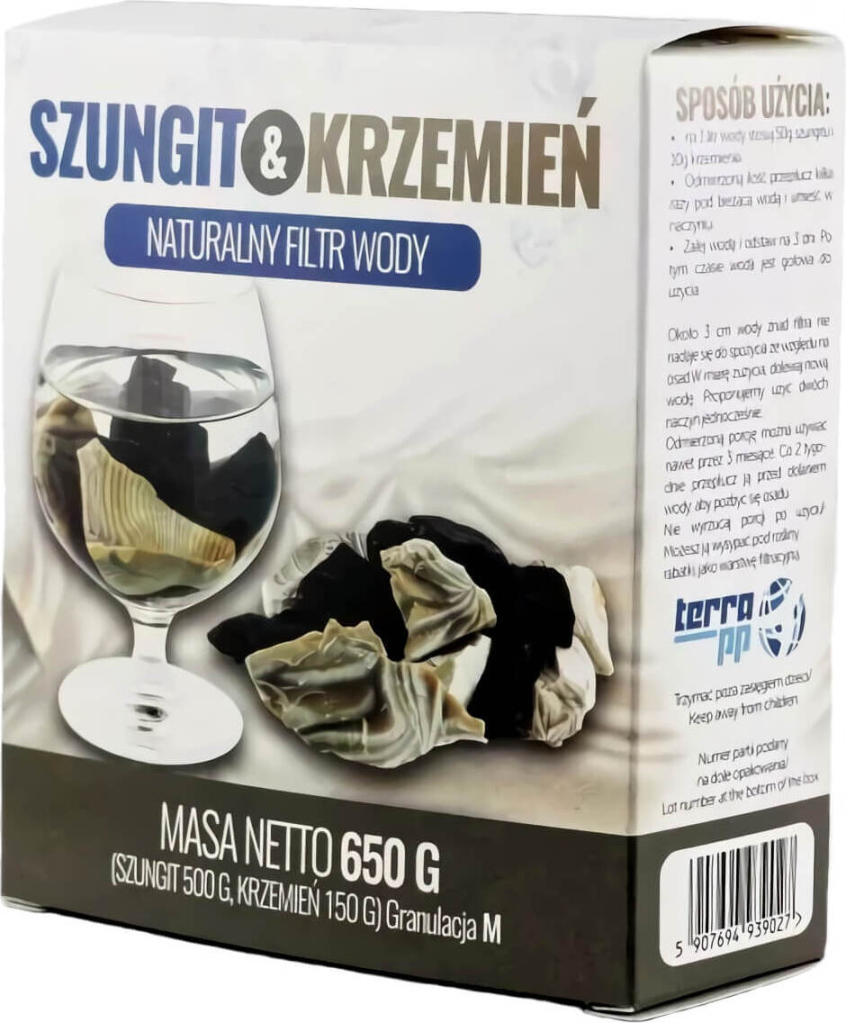 Naturwasserfilter Schungit 500g und Feuerstein 150g mit Körnung M, TERRA P.P., naturbelassene Mineralien auf Bild