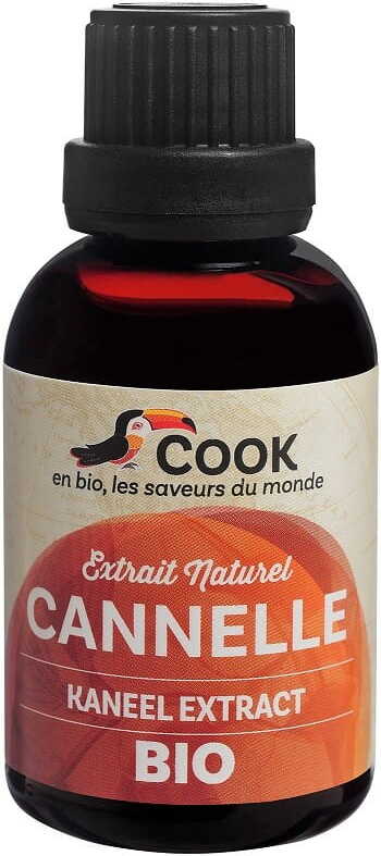 Glutenfreier BIO Zimtgeschmack von COOK in 50 ml Flasche, Nahaufnahme der Flasche mit Zimtgewürz, natürliche Textur sichtbar