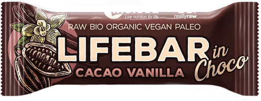 Bio Schokoladenüberzogener Kakao- und Vanilleriegel von LIFEFOOD, roh, glutenfrei, 40 g, mit Schokolade, Kakao und Vanille.
