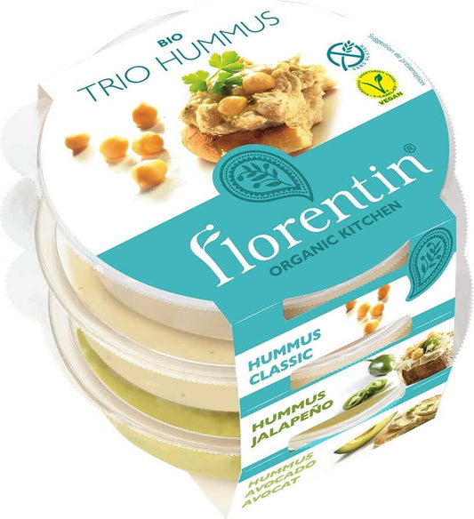 Drei Gläser glutenfreier Hummus-Trio BIO von FLORENTIN, jeweils 60 g, mit verschiedenen würzigen Geschmacksrichtungen.