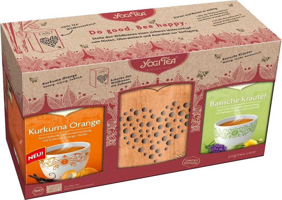 Tee-Set Kurkuma-Tee Orange BIO (17 x 2 g) Tee Basenkräuter BIO (17 x 21 g) mit Bienenhotel - YOGI TEA