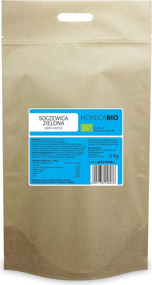 Grüne Bio-Linsen in 5 kg Verpackung, HORECA-Qualität, von BIO PLANET, auf dem Bild sichtbar
