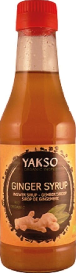Bio Ingwersirup von YAKSO, 240 ml Flasche mit frischem, goldenem Ingwersirup für gesunden Geschmack.